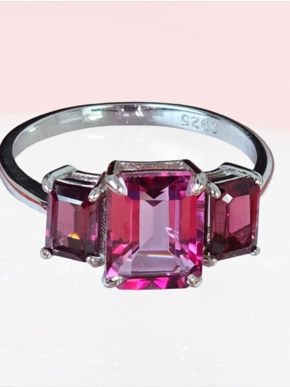 925 Sterling Silver Ring Sz 8 with Natural Pink Topaz & Rhodolite Garnet